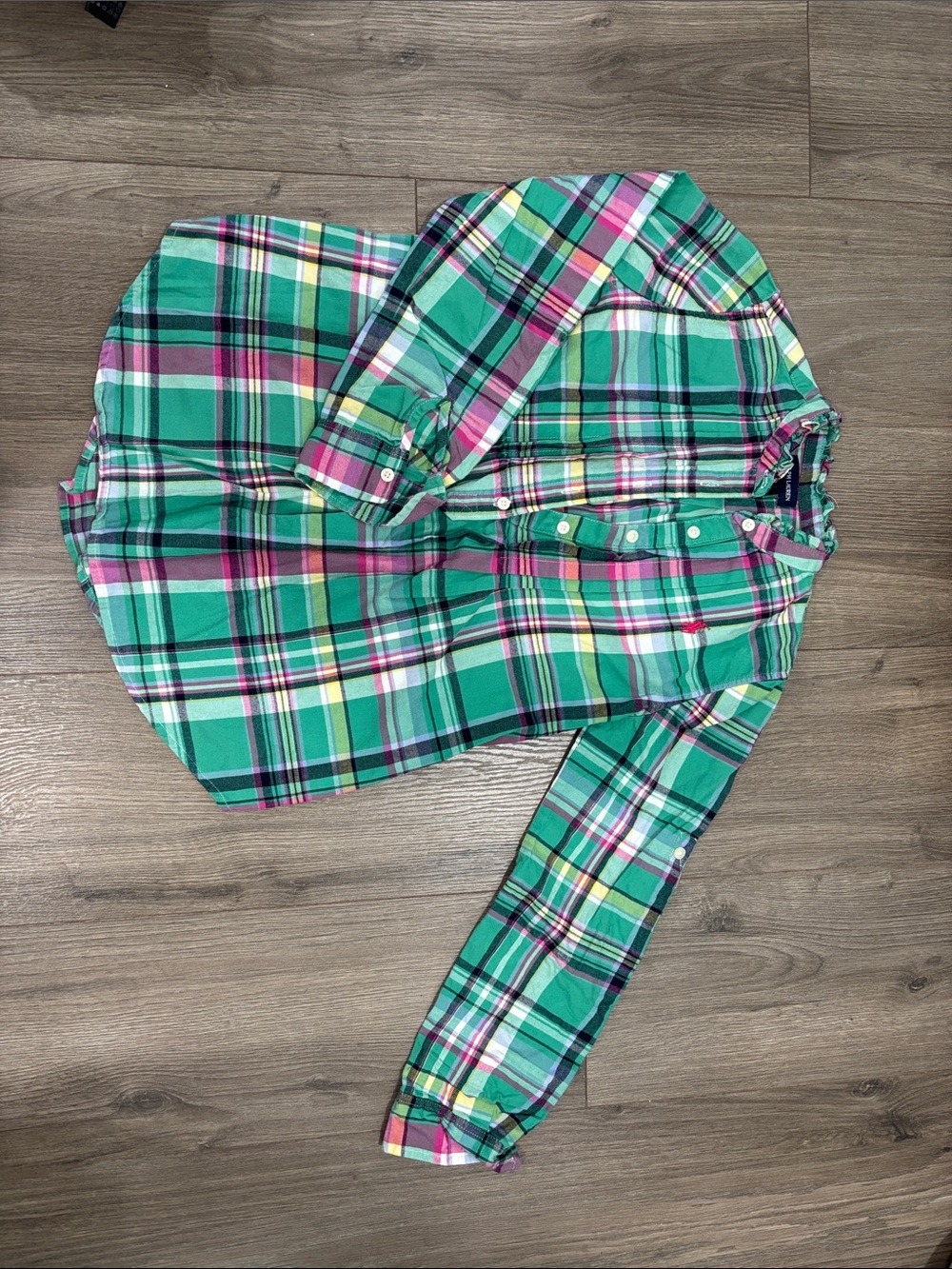 Ralph Lauren Green Plaid Shirt with Pink and Navy Accents